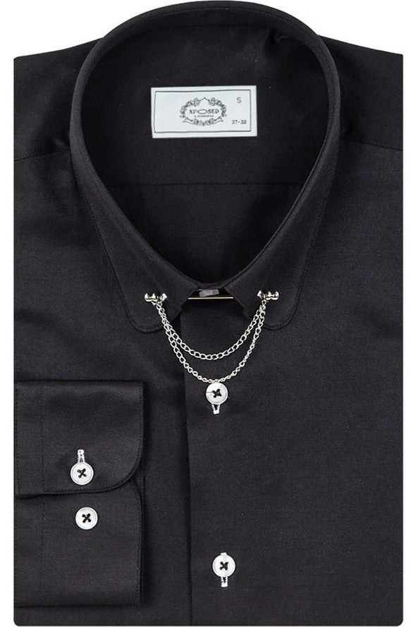 CLASSIC BLACK DRESS SHIRT PENNY COLLAR PIN BAR WITH CHAIN