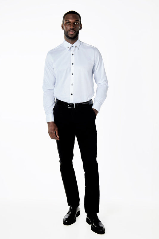 CLASSIC WHITE DRESS SHIRT PENNY COLLAR PIN BAR WITH CHAIN