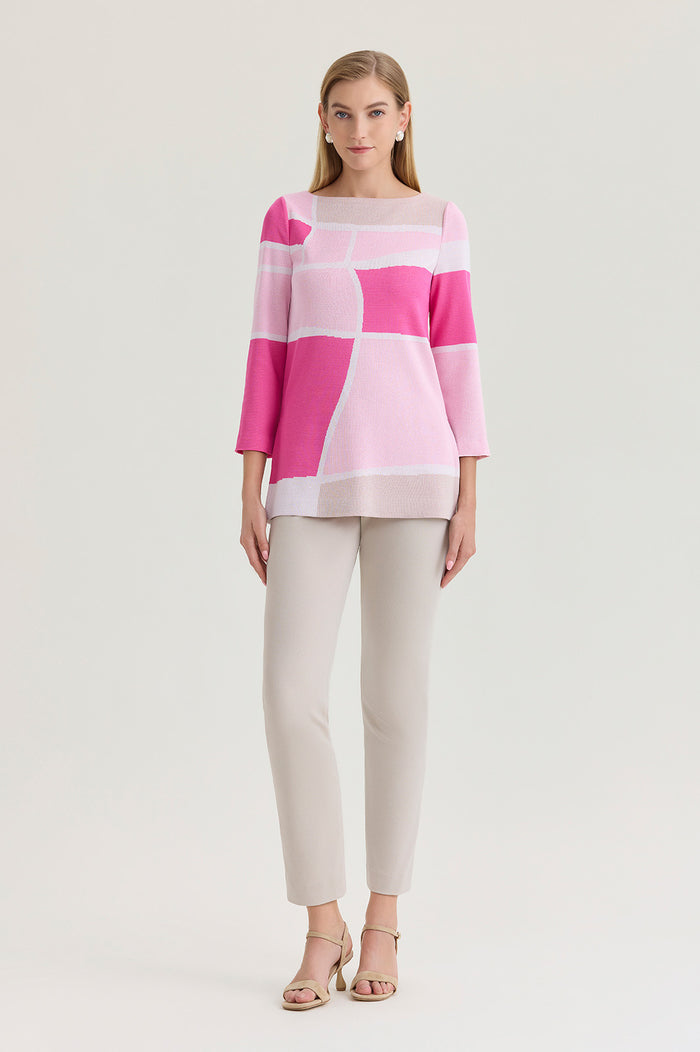 Colorblock Jacquard Soft Knit Tunic, Carmine Rose/Perfect Pink/Limestone/White | Ming Wang