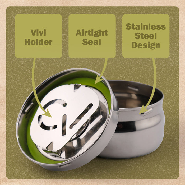 CVault features diagram showing the Vivi Fresh pack holder, airtight seal and stainless steel body
