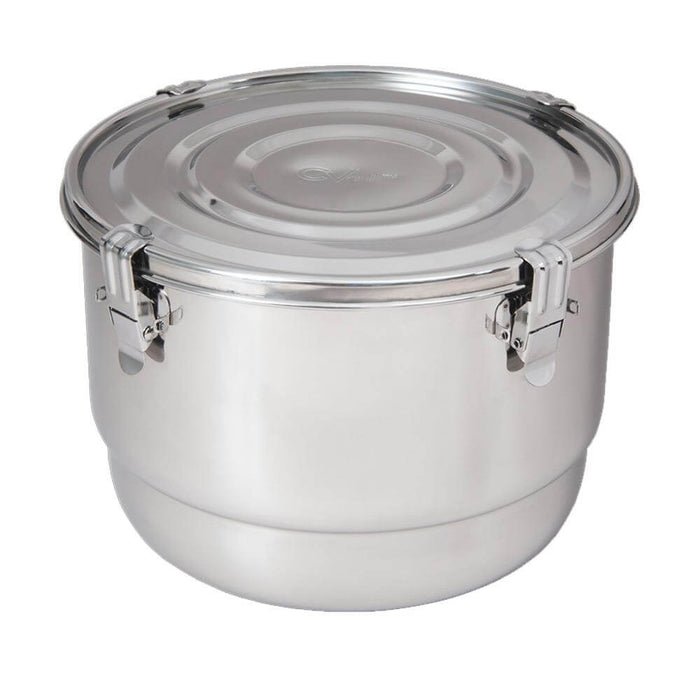 High-angle view of a polished stainless steel storage canister with a locking lid and silver metal latch clips.