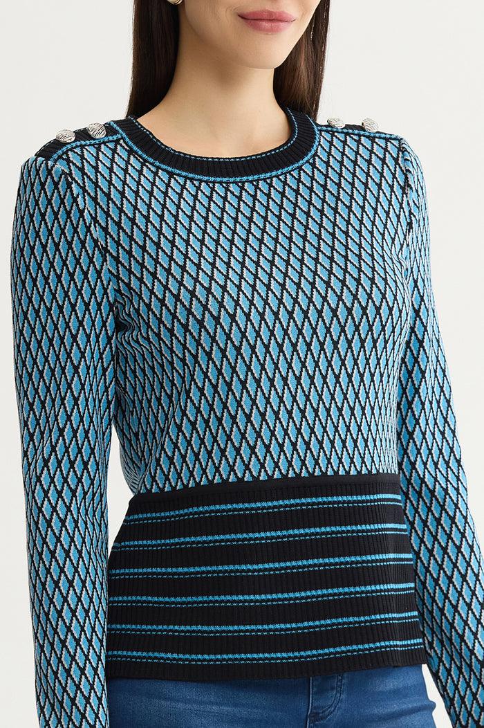Diamond Pattern Soft Ribbed Knit Top, Tranquil Blue/Lunar Rock/Black | Ming Wang
