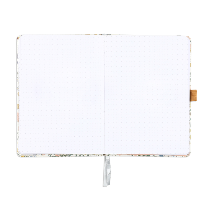 Open Ditsy Wildflower - Bullet Dot Grid Happy Journal® - 80 Sheets - 160gsm Paper showing blank dotted grid pages with a floral patterned cover edge and a pen holder loop on the side.
