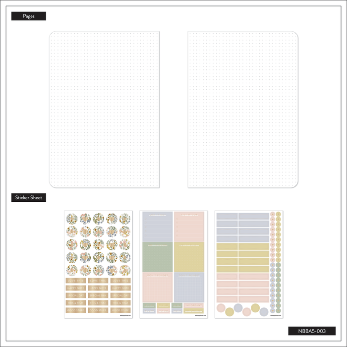 Ditsy Wildflower - Bullet Dot Grid Happy Journal® - 80 Sheets - 160gsm Paper open to two dot grid pages with rounded corners, accompanied by three pastel-colored sticker sheets featuring floral, label, and decorative designs.