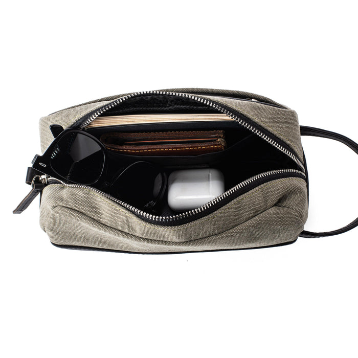 Dopp Kit Leather & Canvas lightweight handbag | Olive Grey & Black - Spiš.