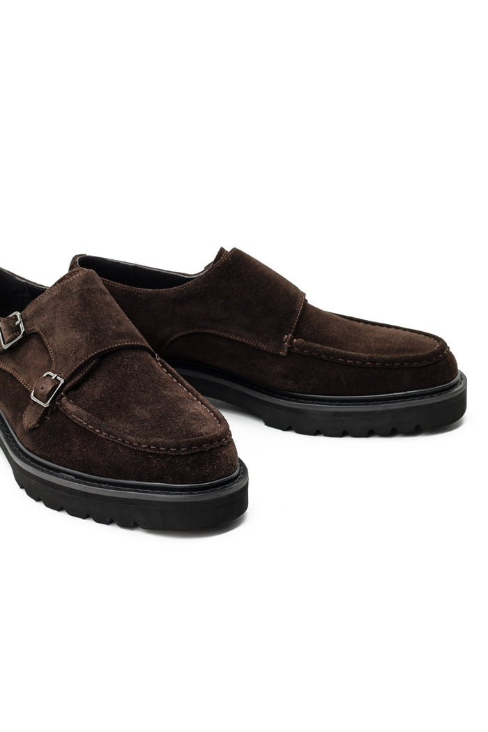 Double Buckle Suede Monk Shoes in Brown