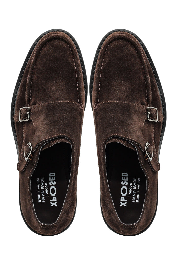 Double Buckle Suede Monk Shoes in Brown