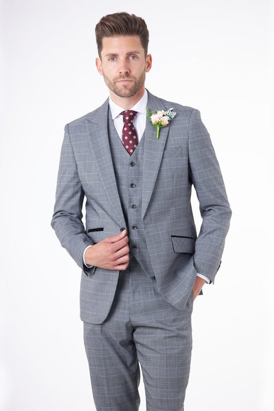 EKON - Grey Prince of Wales Check Suit 3 Piece Tailored Fit