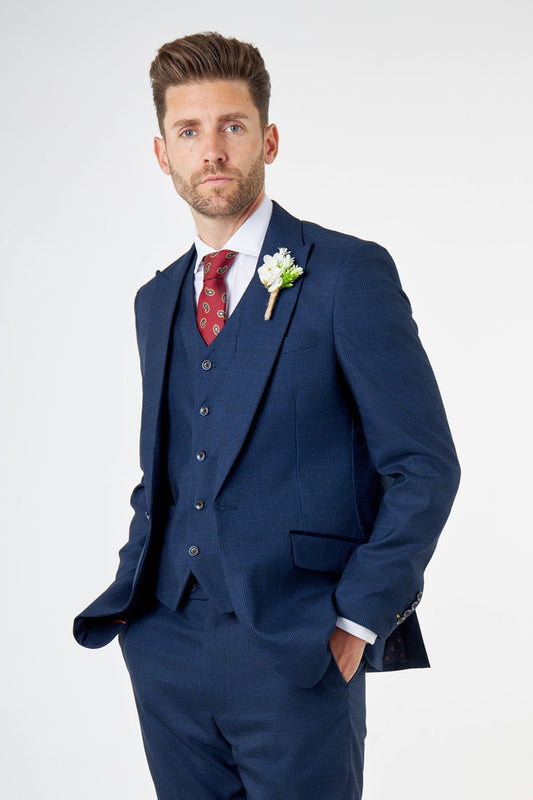 EKON - Navy Prince of Wales Check Suit 3 Piece Tailored Fit
