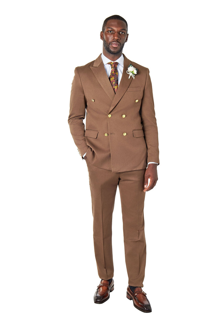 EZRA – BROWN TAILORED FIT DOUBLE BREASTED SUIT WITH GOLD TONE BUTTONS