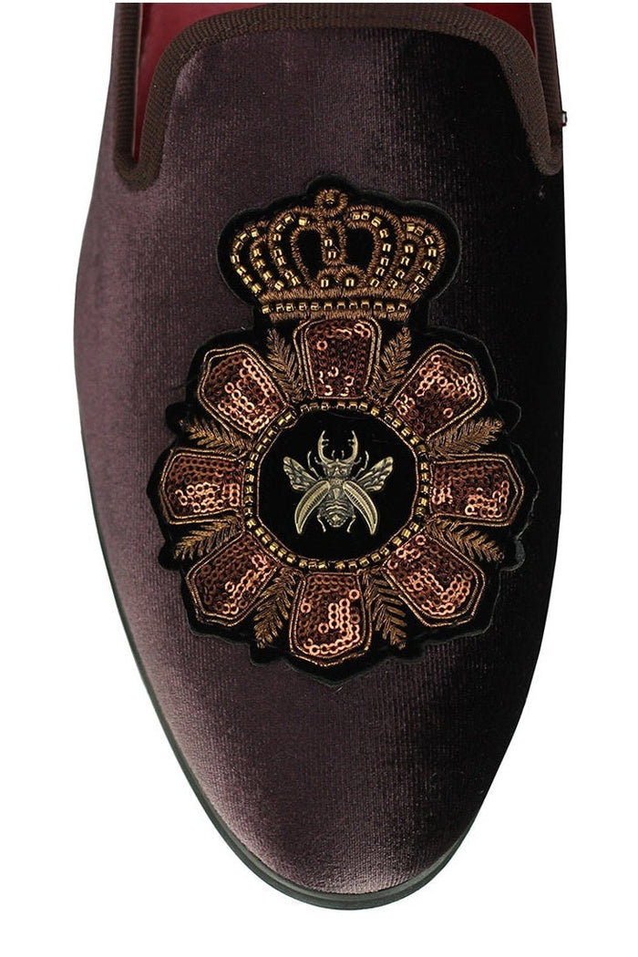 FAUX LEATHER EMBROIDERED VELVET LOAFERS IN BROWN