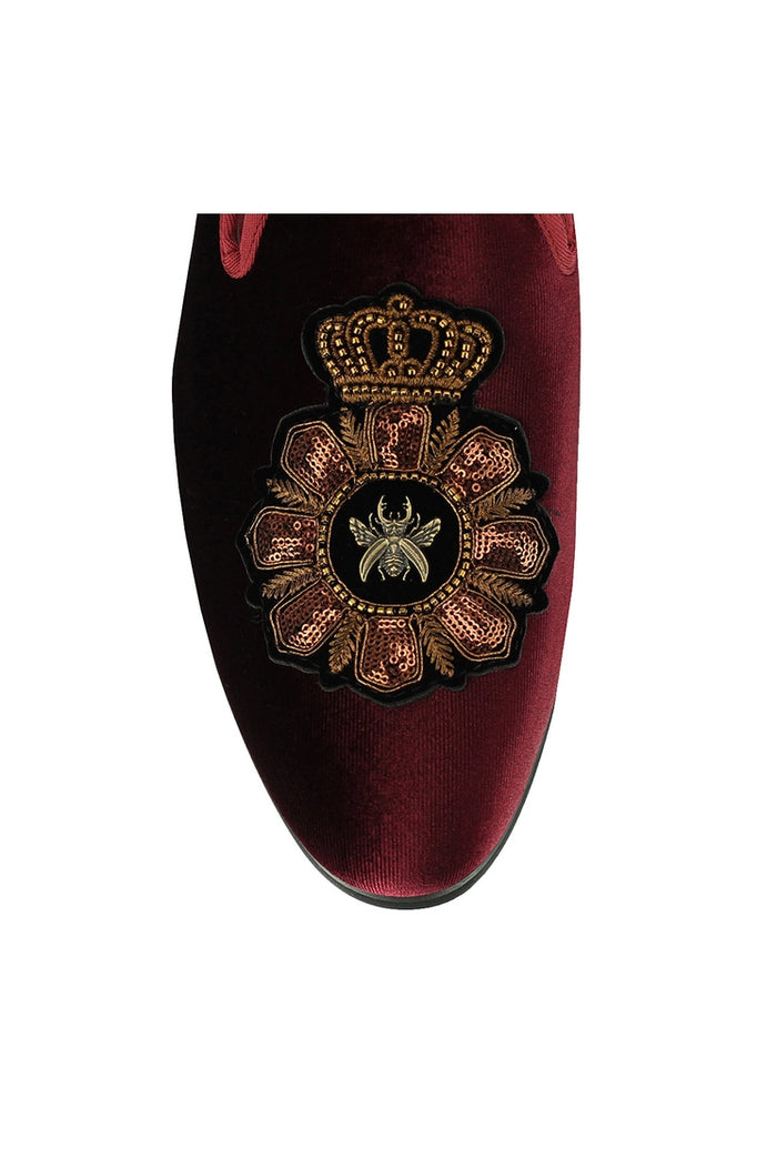 FAUX LEATHER EMBROIDERED VELVET LOAFERS IN MAROON
