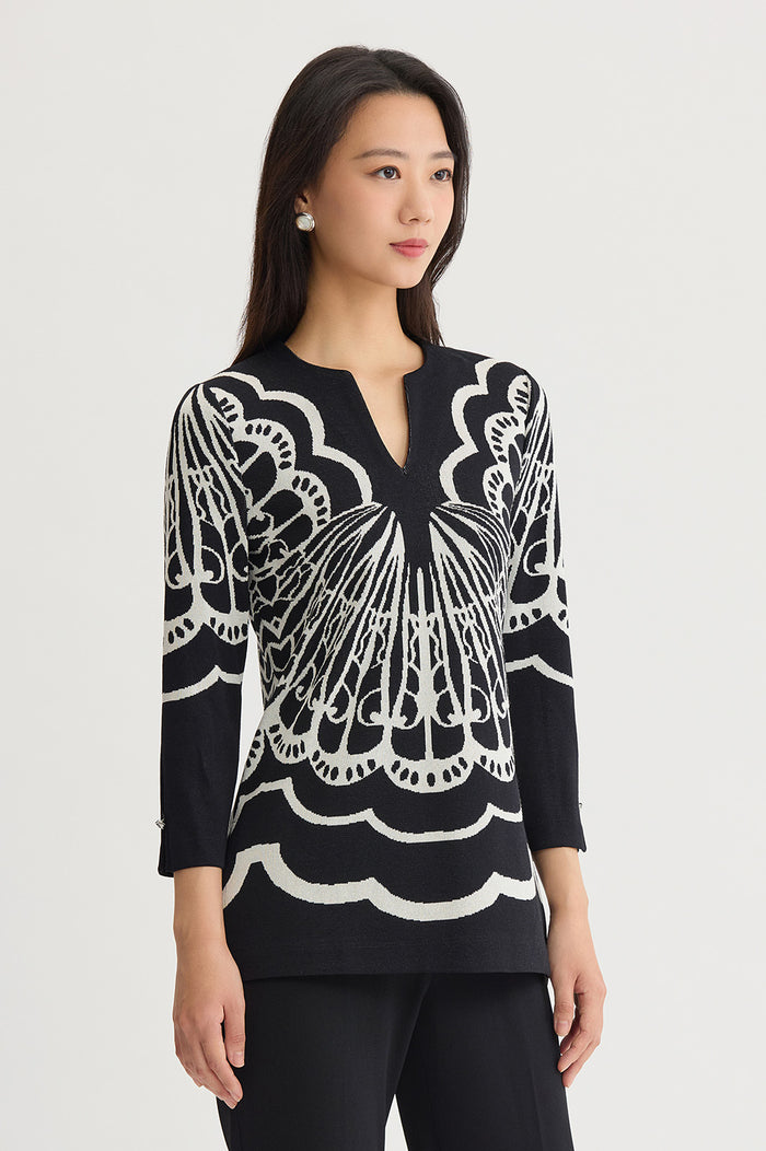 Feminine Soft Jacquard Knit Tunic, Black/Ivory | Ming Wang