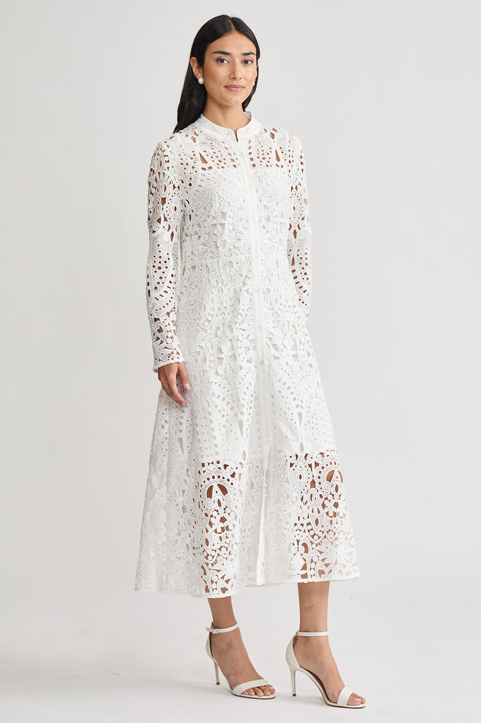 Fit-N-Flare Lined Laced Midi Dress, White | Ming Wang