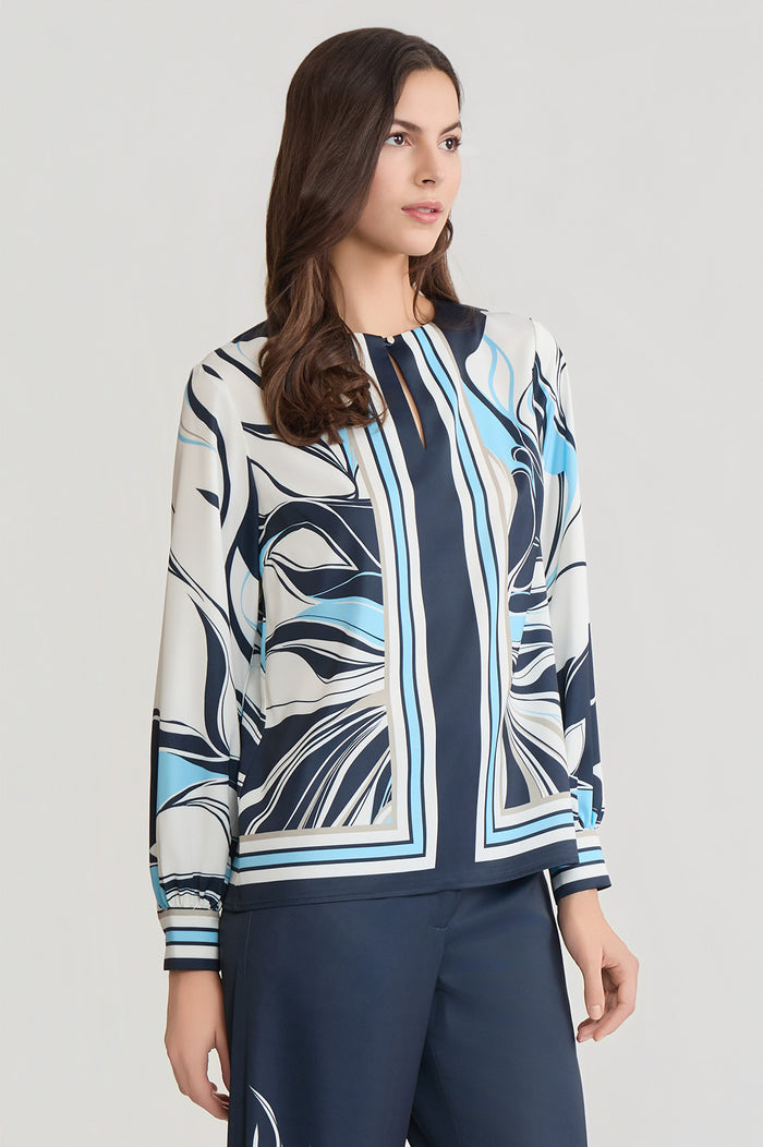 Floral Abstract Crepe de Chine Blouse, Indigo/White/Limestone/Serene | Ming Wang