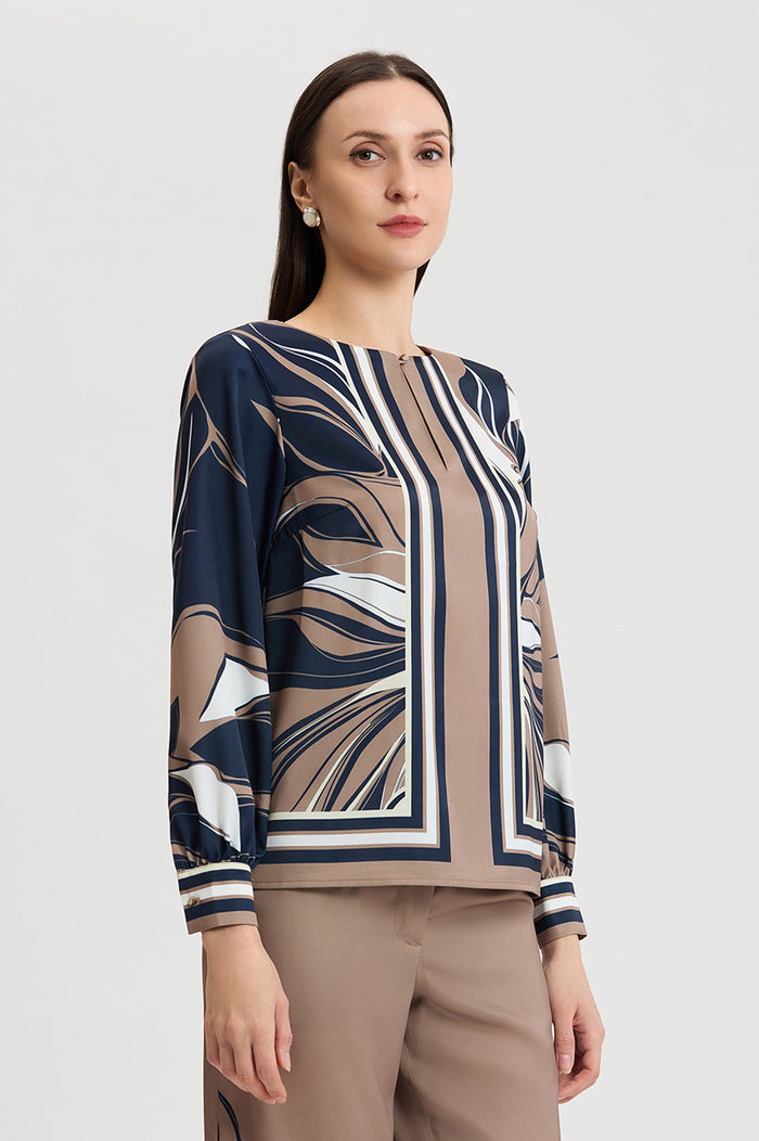 Floral Abstract Crepe de Chine Blouse, Warm Taupe, Warm Taupe/Indigo/Ivory/French Almond | Ming Wang