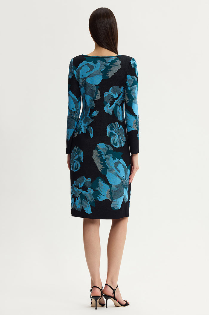 Floral Jacquard Soft Knit Midi Dress, Deep Teal/Tranquil Blue/French Almond/Black | Ming Wang