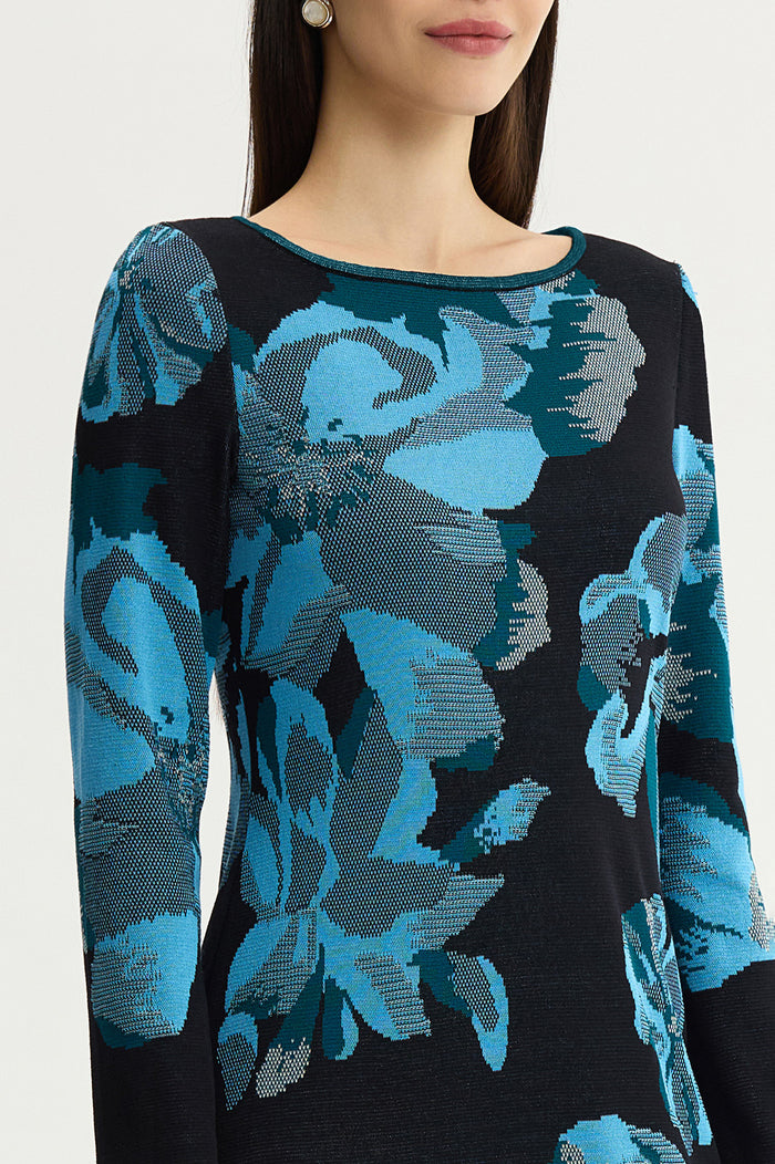 Floral Jacquard Soft Knit Midi Dress, Deep Teal/Tranquil Blue/French Almond/Black | Ming Wang