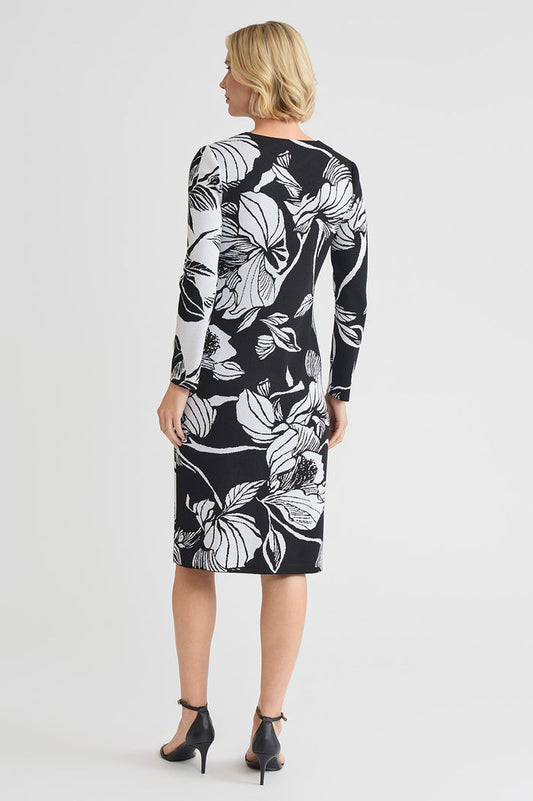 Floral Jacquard Soft Knit Sheath Dress, Black/White | Ming Wang