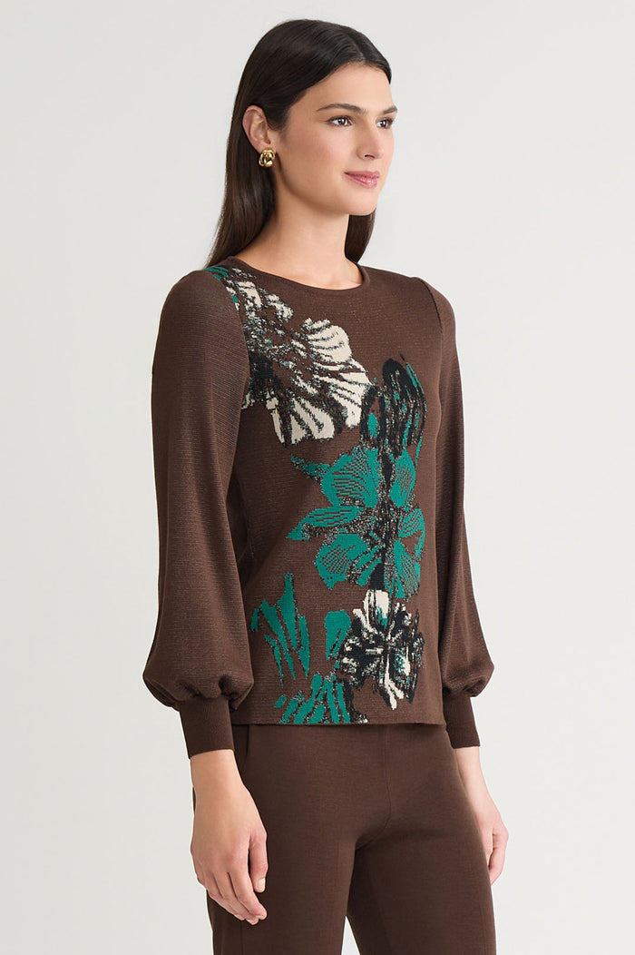 Floral Jacquard Soft Knit Top, Dark Umber/Everest/Twig/Black | Ming Wang