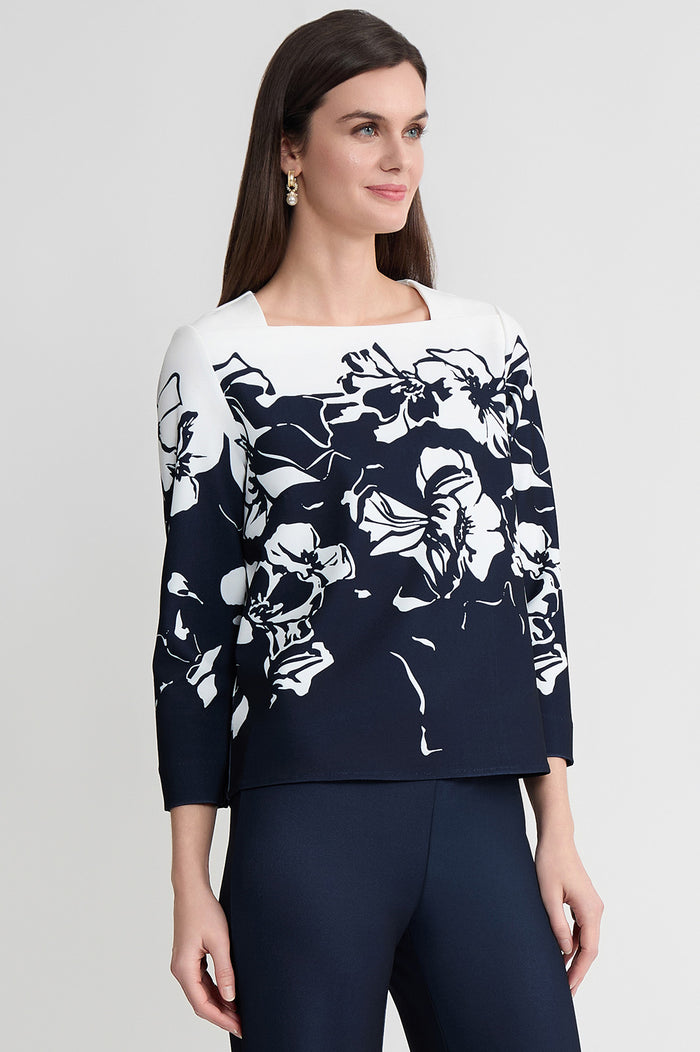 Floral Print Stretch Deco Crepe Blouse, Indigo/White | Ming Wang