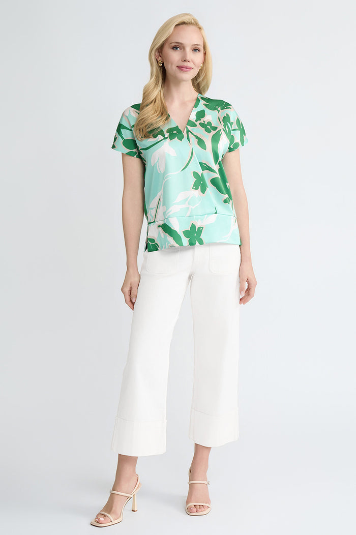Floral Printed Crepe de Chine Top, Kelly Green/Eucalyptus/Limestone/Ivory | Ming Wang