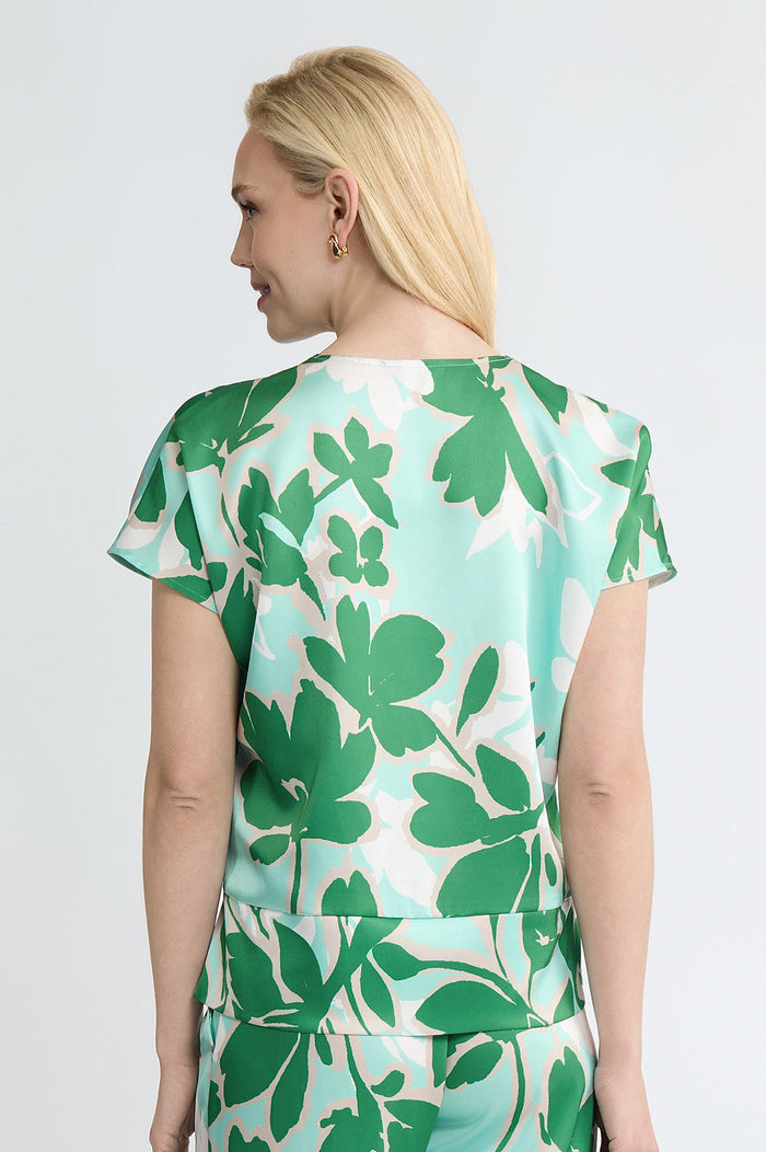 Floral Printed Crepe de Chine Top, Kelly Green/Eucalyptus/Limestone/Ivory | Ming Wang