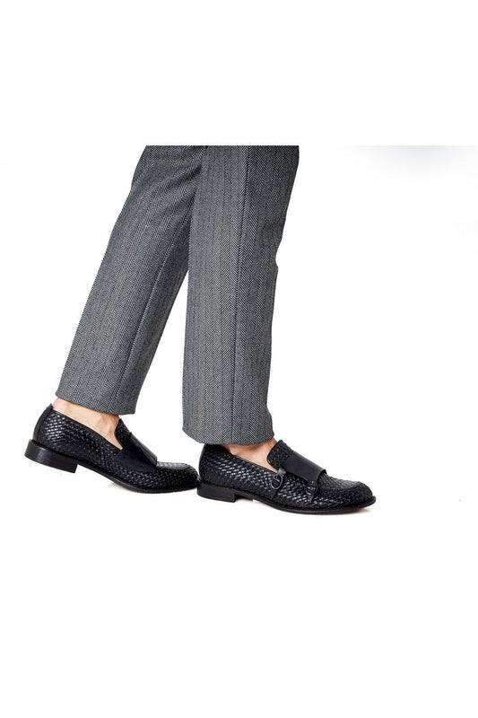 FLORENCE 2 - DOUBLE BUCKLE MONK LOAFER IN BLACK INTERWEAVE ITALIAN LEATHER