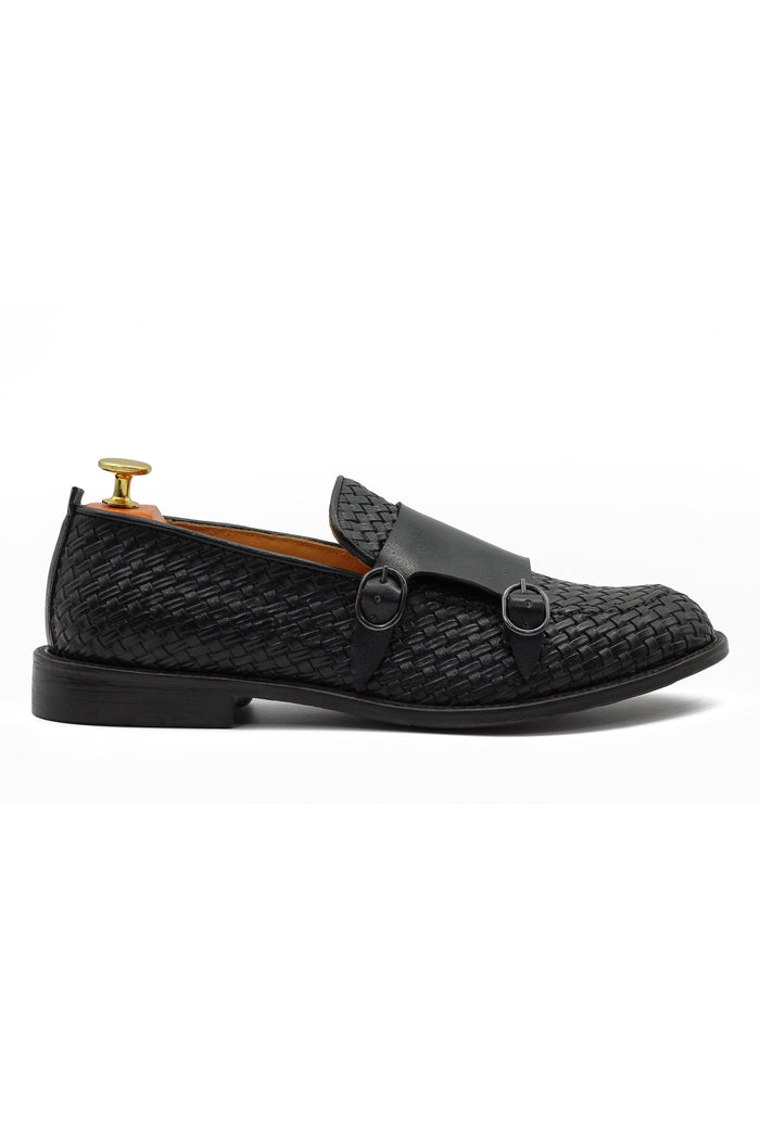 FLORENCE 2 - DOUBLE BUCKLE MONK LOAFER IN BLACK INTERWEAVE ITALIAN LEATHER