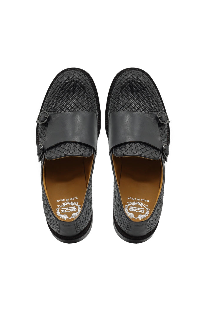 FLORENCE 2 - DOUBLE BUCKLE MONK LOAFER IN BLACK INTERWEAVE ITALIAN LEATHER