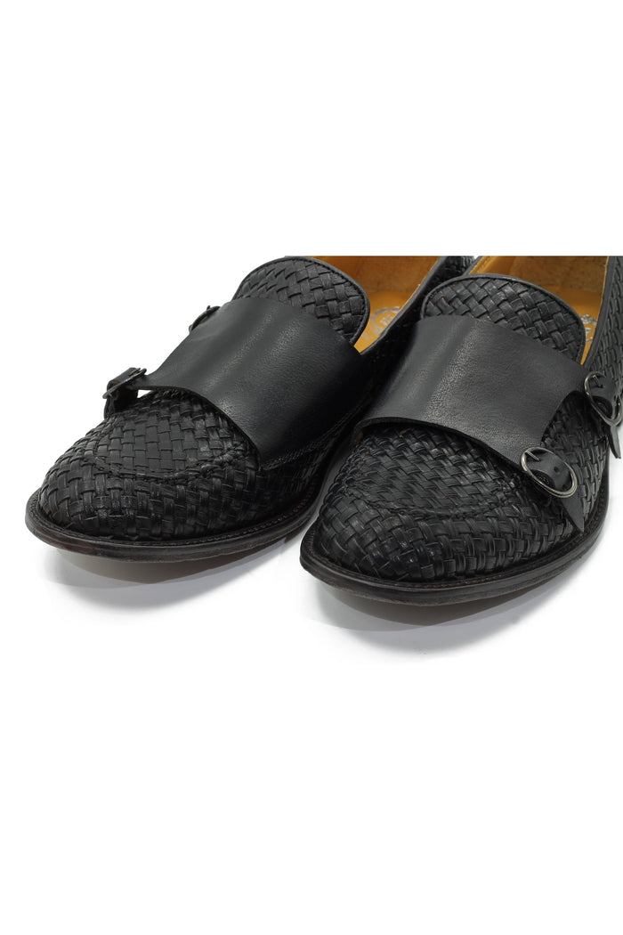 FLORENCE 2 - DOUBLE BUCKLE MONK LOAFER IN BLACK INTERWEAVE ITALIAN LEATHER