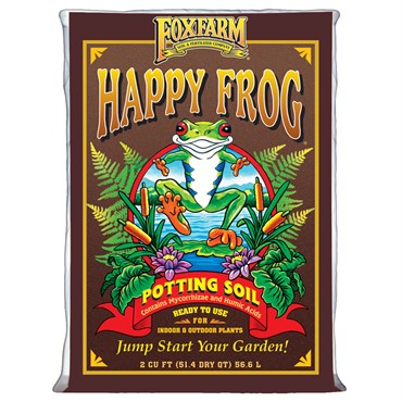 Brown bag of FoxFarm Happy Frog potting soil featuring a colorful frog illustration, for indoor and outdoor plants.
