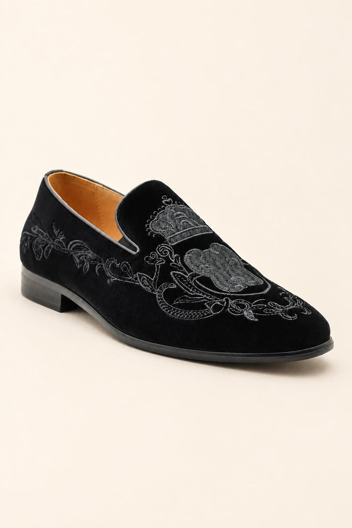 FRED Men’s Black Embroidered Velvet Party Loafers