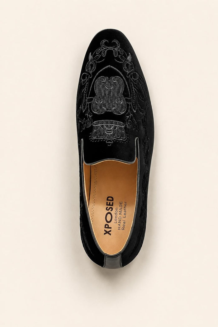 FRED Men’s Black Embroidered Velvet Party Loafers
