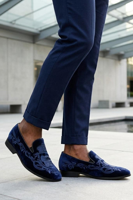 FRED Men’s Navy Blue Embroidered Velvet Party Loafers