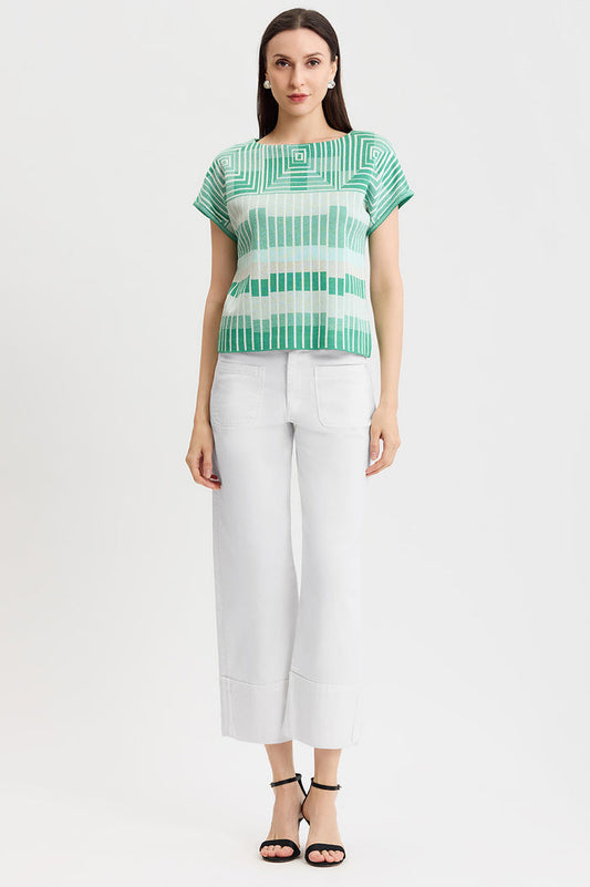 Geometric Jacquard Soft Knit Top, Kelly Green/Eucalyptus/Limestone/Ivory | Ming Wang