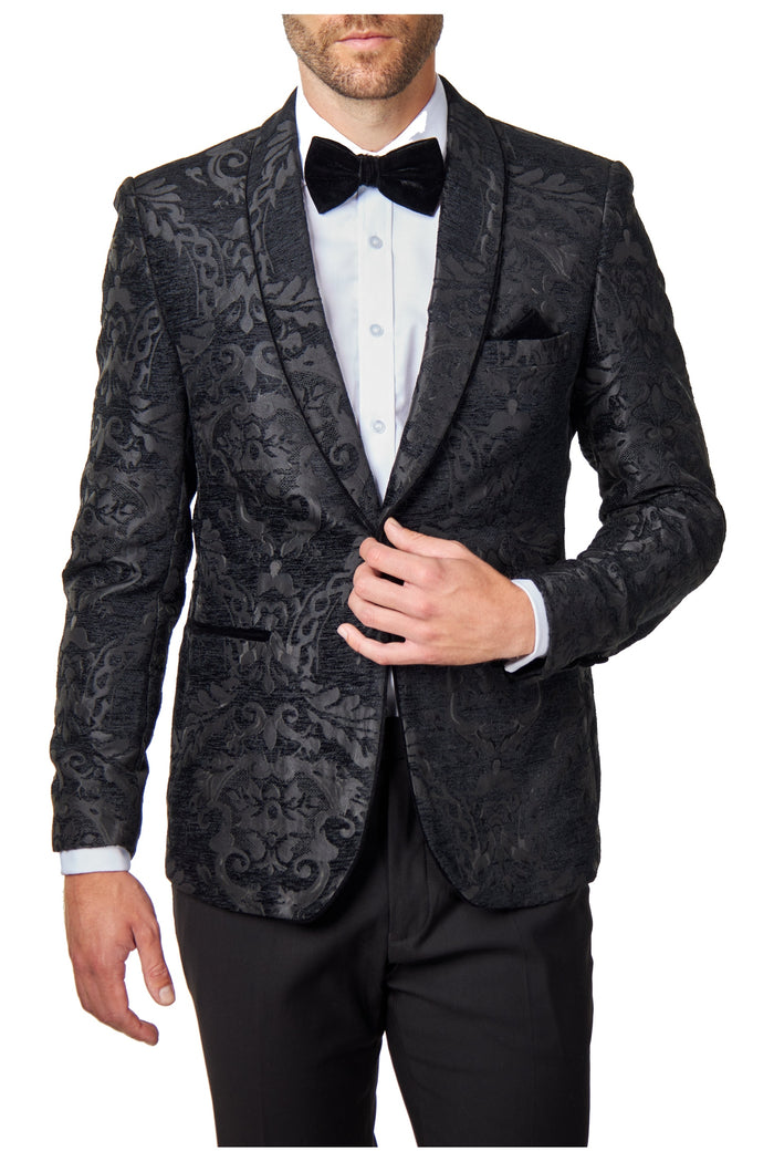 GLEN - Black Floral Foliage Jacquard Tuxedo Jacket