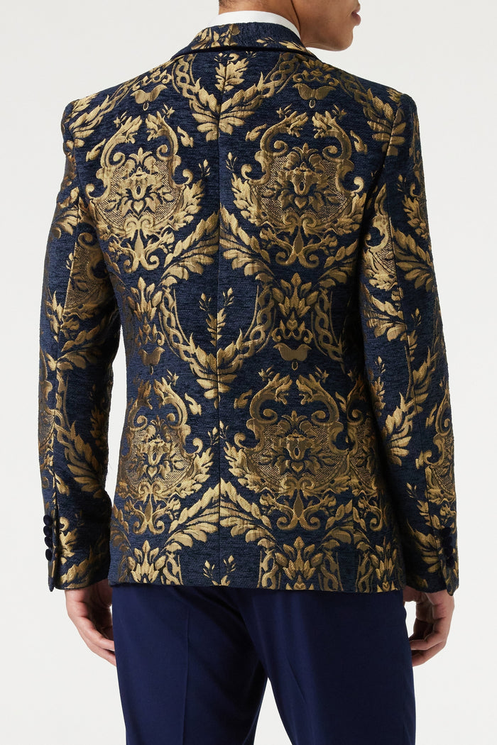 GLEN - Gold Brocade on Flocked Navy Velvet Jacquard Blazer