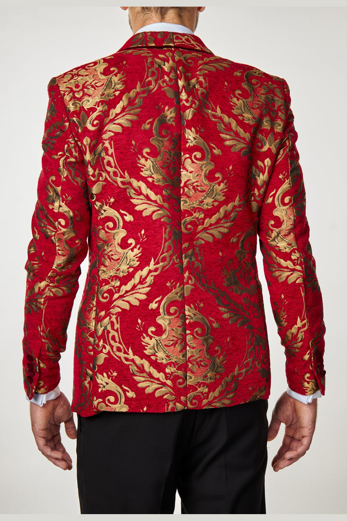 GLEN - Gold Brocade Paisley Print on Crimson Red Jacquard Tux Jacket