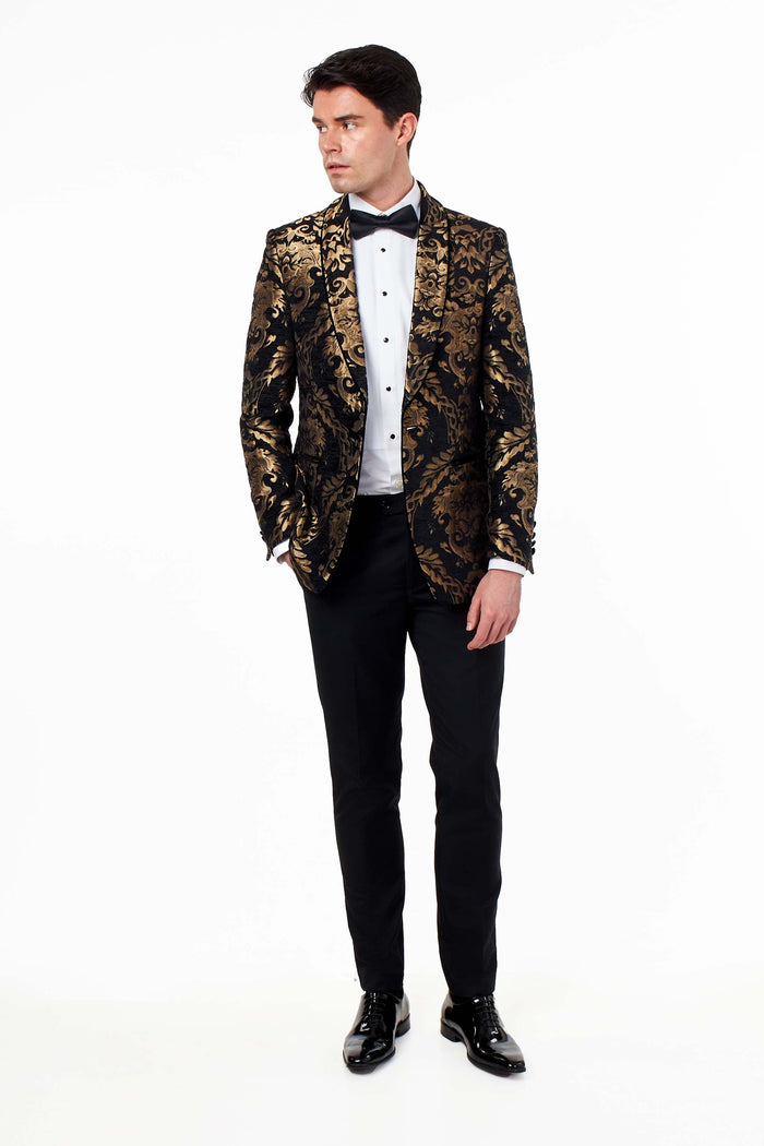GLEN – BLACK GOLD BROCADE PAISLEY PRINT TUXEDO JACKET