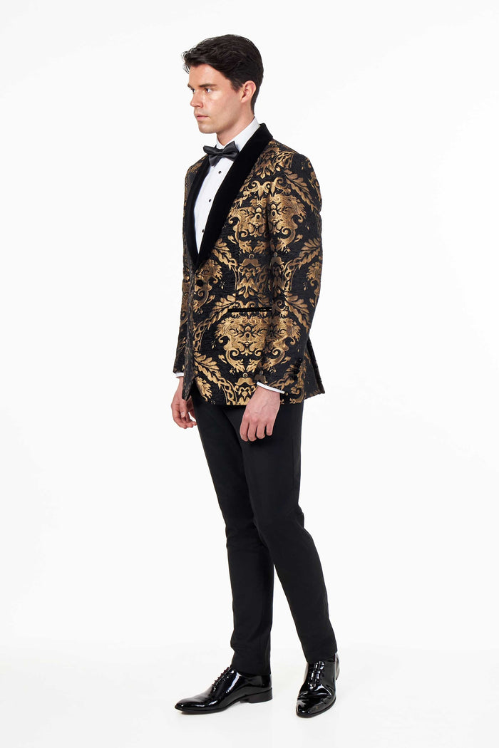 GLEN – TUXEDO JACKET GOLD ORNATE JACQUARD PRINT ON BLACK