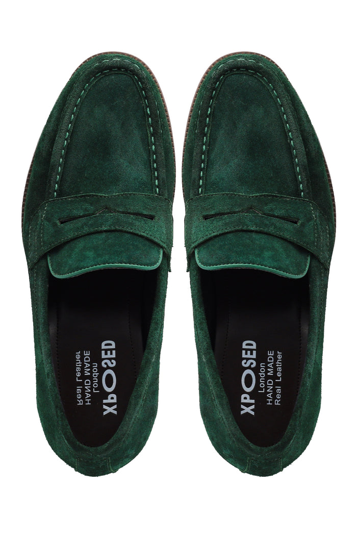 GREEN SUEDE LEATHER PENNY LOAFERS