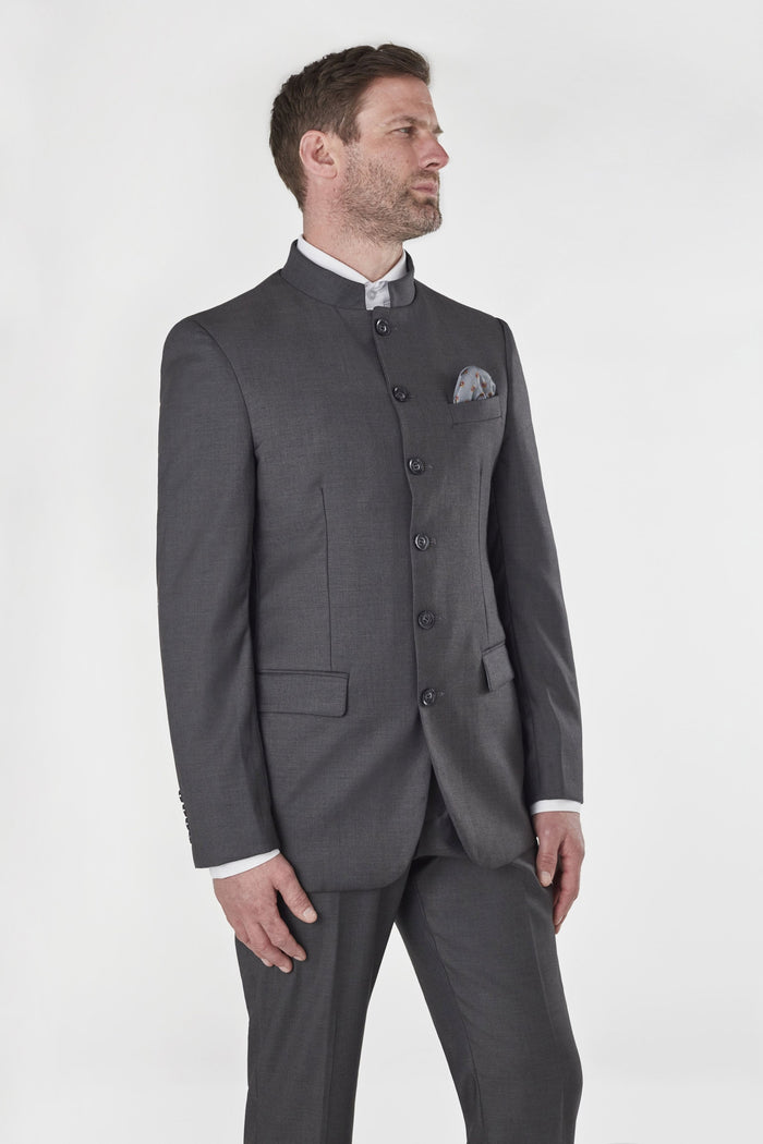 Grey Chinese Grandad Collar Nehru Jacket Suit
