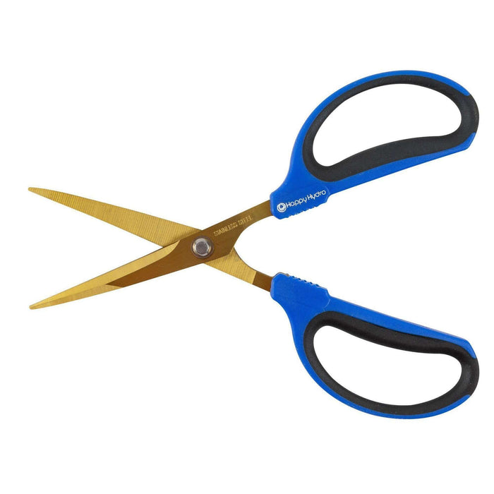 Gold-colored stainless steel trimming scissors with ergonomic blue and black handles on a white background.