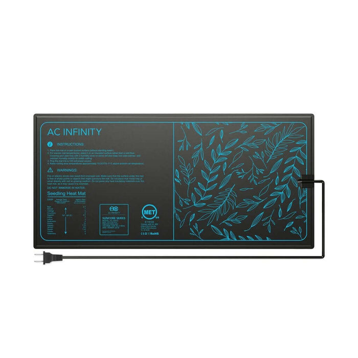 AC Infinity black seedling heat mat with blue botanical line art, instructions, and power cord on white background.