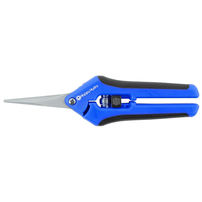 Blue and black precision trimming shears with straight silver blades and a spring-loaded locking mechanism.