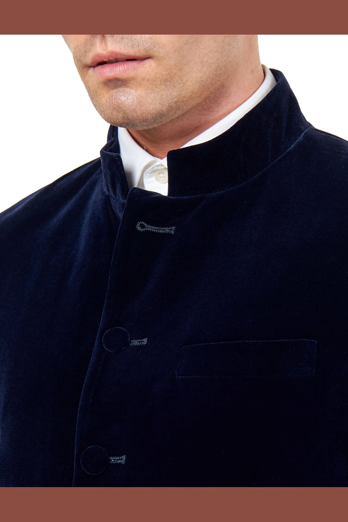 HARSHIL – NAVY BLUE VELVET SMOKING JACKET NEHRU COLLAR