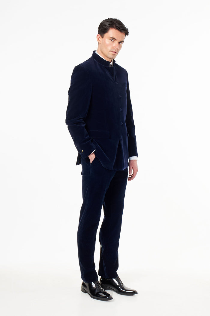 HARSHIL – NAVY BLUE VELVET SMOKING JACKET NEHRU COLLAR