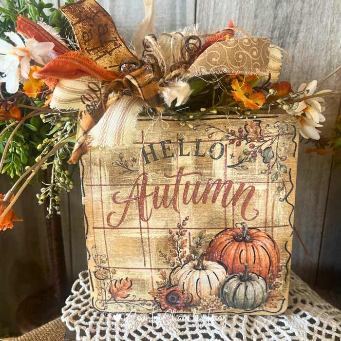 Hello Autumn pumpkin trio 6x6 wood block decor with distressed plaid background orange cream sage pumpkins autumn botanicals brown scroll cream ribbon bow rusty jingle bells and fall yall tag by Country Charm by Tracy