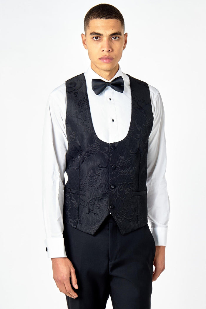 HENRY – FLOCKED BLACK JACQUARD TUXEDO SUIT WAISTCOAT